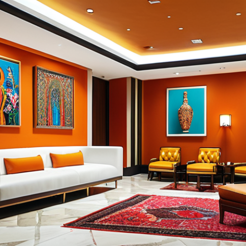 Home 4 **A stylish hotel lobby filled with vibrant artwork by local artists, showcasing a blend of comfort and cultural immersion.**